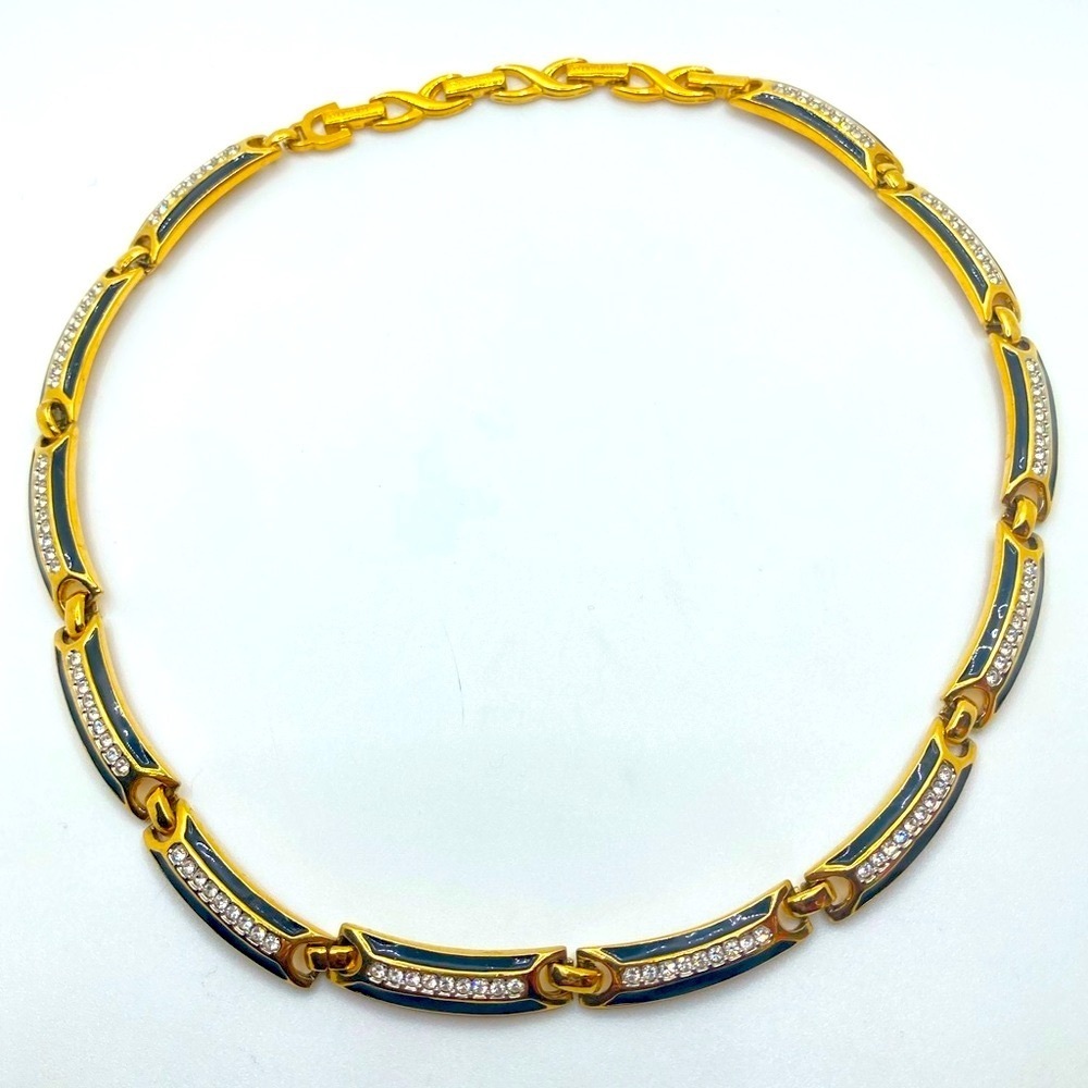 VTG Nina Ricci Gold Tone Black Enamel & White Cz Stone Necklace 19”